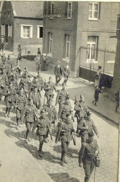 ‘D’ Company 1st Bn Cameronians route marching at Maretz