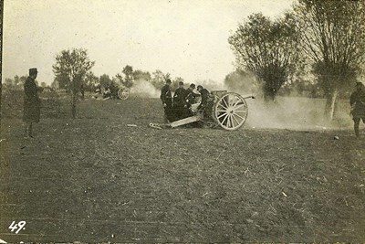 A battery of French guns in action