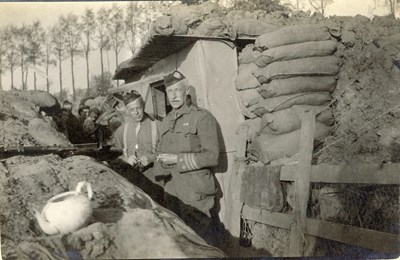 Headquarters dug-out.  Col. Robertson, Major. Chaplin