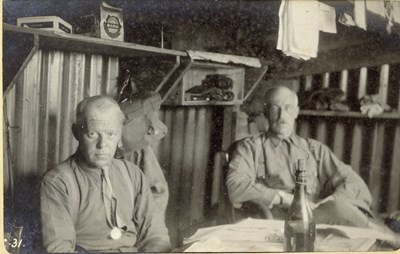 Headquarters dug-out interior ~  Major Chaplin, Col. Robertson