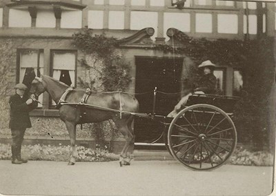 Woman in carriage with man holding horse