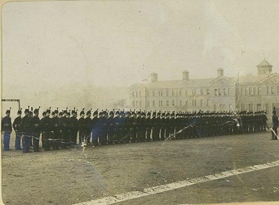 Cameronians in No. 1 Dress, on parade