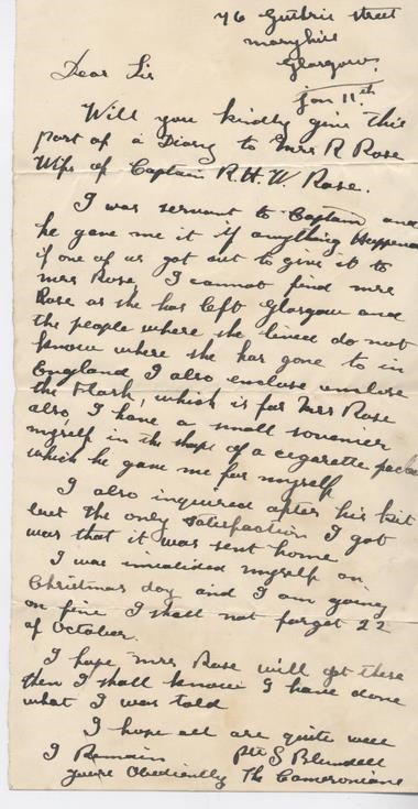 Letter from Private Blundell batman to Capt Rose