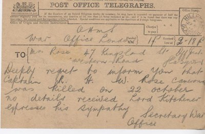 Post Office Telegram reporting Capt Rose killed in action