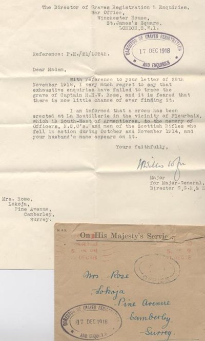 Letter From Graves Registration to Mrs Hetty Rose