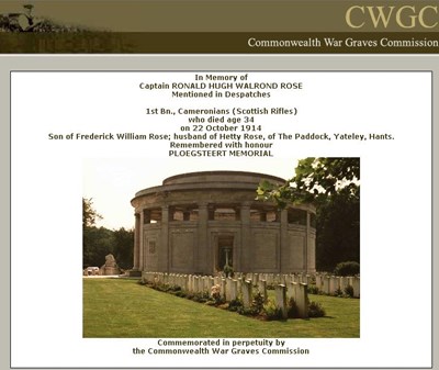 Commonwealth War Graves Certificate Capt R H W Rose