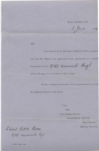 Appointment as 2nd Lieutenant Warwick Regiment