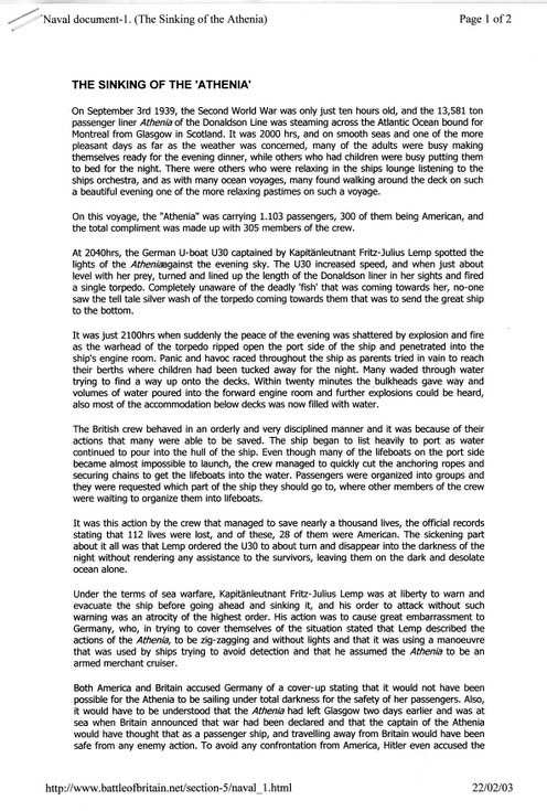 Information on S.S. Athenia