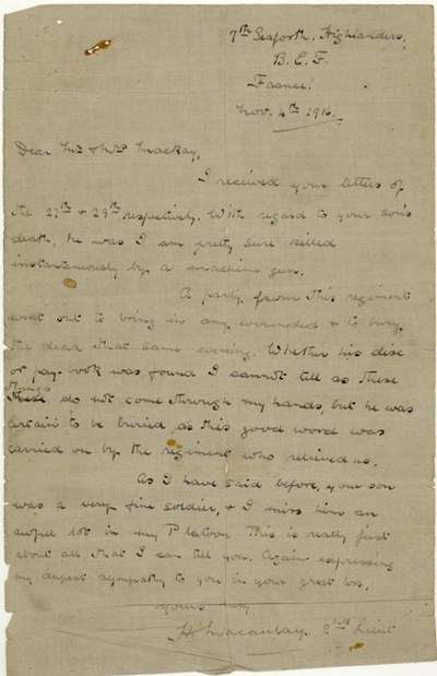 Handwritten letter from 7 Seaforth Highlanders 1916