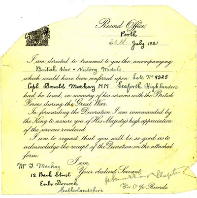 Record Office Perth  letter 1921 forwarding medals