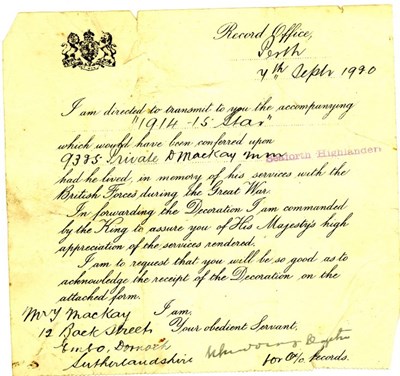Record Office Perth letter forwarding 1914-15 Star