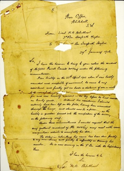 Lieut Arbuthnot's letter citing Donald Mackay's gallantry