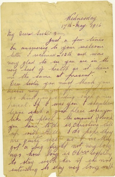 Letter from Donald Mackay to his sister May 1916