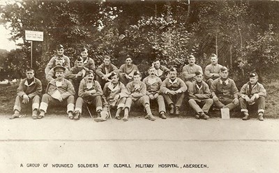 A group of wounded soldiers at Oldmill Military Hospital, Aberdeen