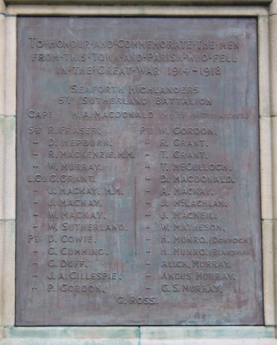 Dornoch War Memorial front plaque WW1