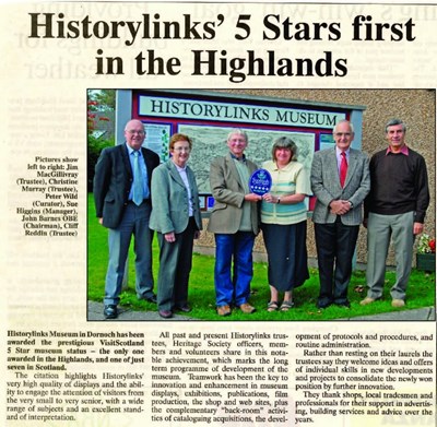 Historylinks VisitScotland 5 Star Museum Award