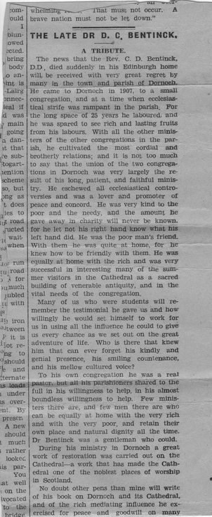 Newspaper extract of Tribute to Rev Charles Bentinck