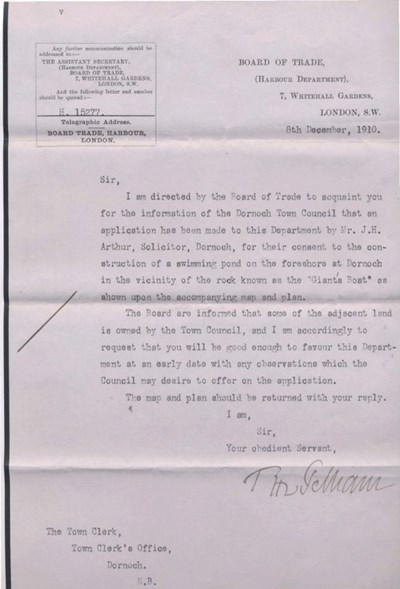 Letter from Board of Trade re swimming pool ~ 1910