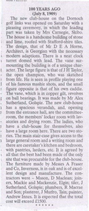 Northern Times account of opening of Dornoch Golf Clubhouse 1909