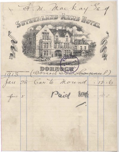 Sutherland Arms Hotel bill ~ 1913