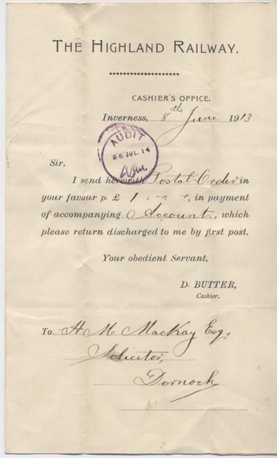 Payment of water bill, Highland Railway ~ 1913
