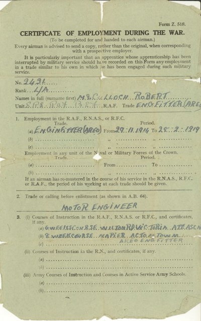 Certificate of Employment during the War (WW1)
