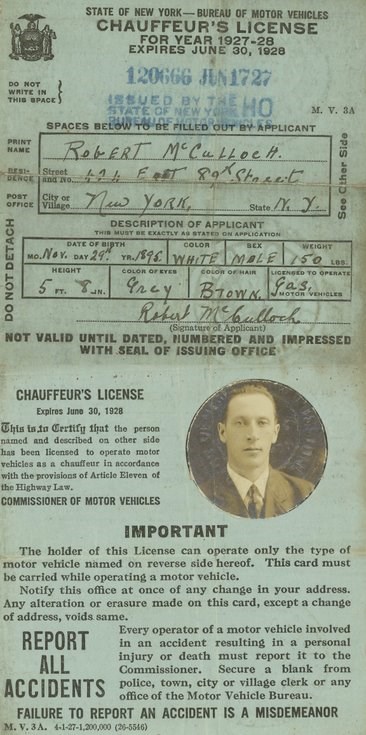 1927 New York Drivers Licence Robert McCulloch