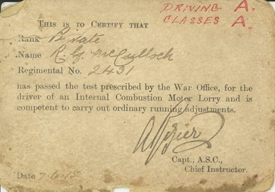 1915 Army Driving certificate Robert McCulloch