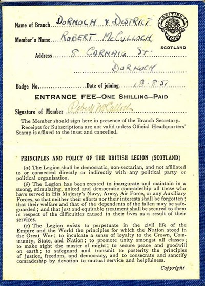 British Legion of Scotland Membership Card 1957