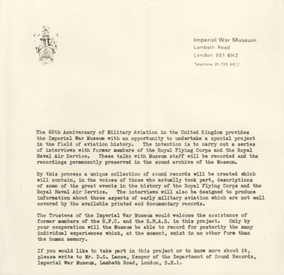 Imperial War Museum letter: Sixtieth Anniversary of Military Aviation