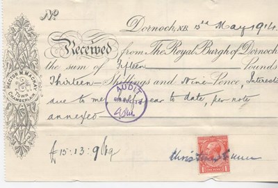 Receipt for interest re water and railway 1914