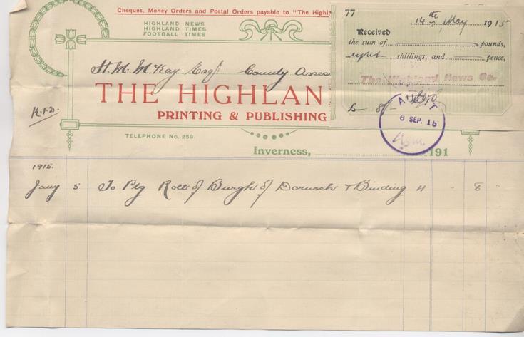 Bill for printing 1915 - Historylinks Archive