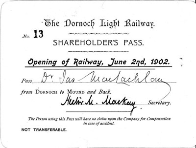 Dornoch Light Railway opening Shareholder's Pass