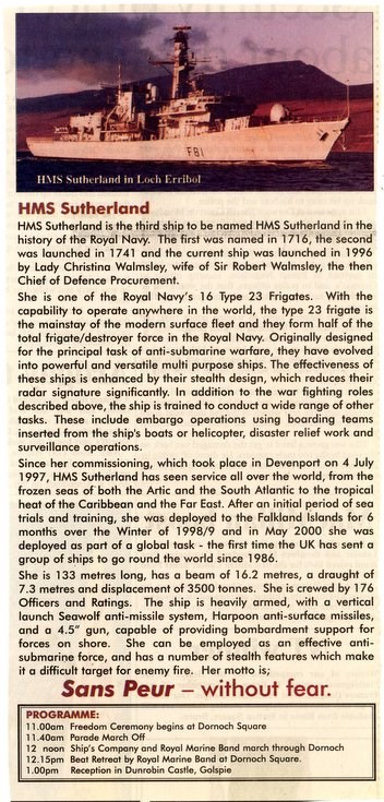 Details of HMS Sutherland with Freedom Parade programme