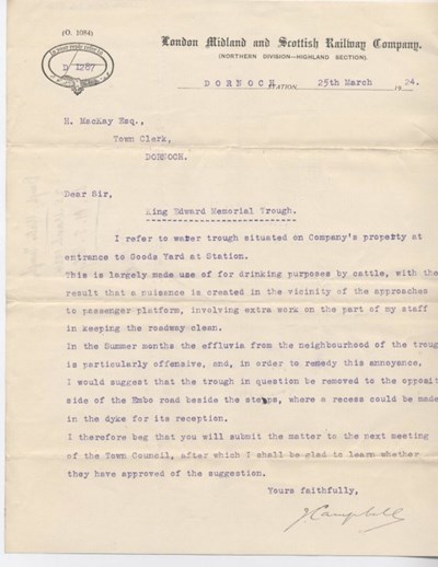 Letter re water trough at station 1924