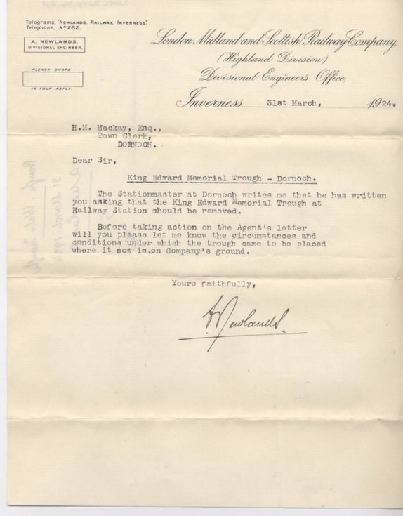 Letter re water trough at station 1924