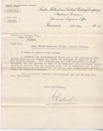 Letter re water trough at station 1924