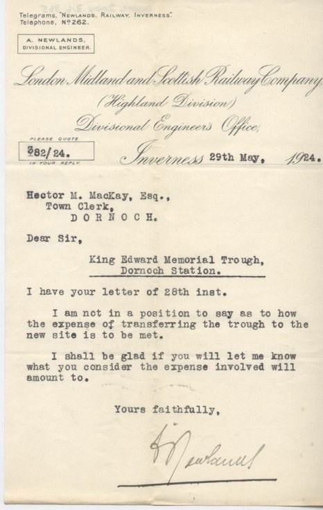 Letter re water trough at station 1924