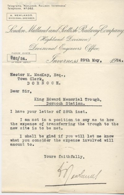 Letter re water trough at station 1924