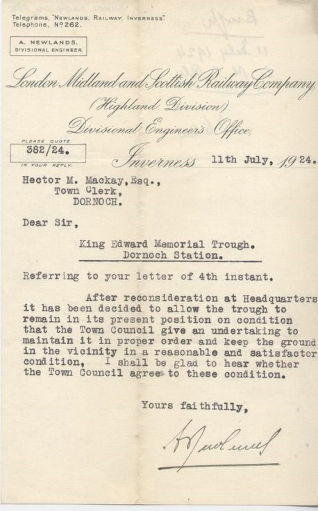 Letter re water trough at station 1924