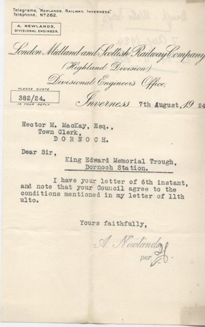 Letter re water trough at station 1924