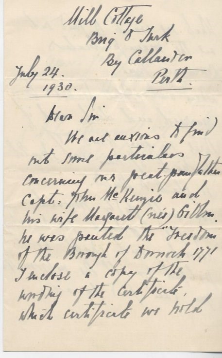 Letter re 1771 freedom of burgh granted to John Mackenzie 1930