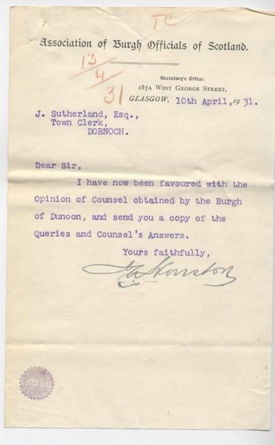 Opinion of counsel on roads issues for Dunoon 1931