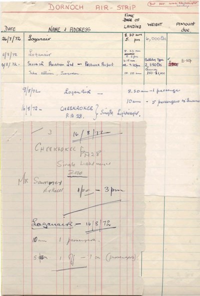 Record of landings at Dornoch airstrip 1972