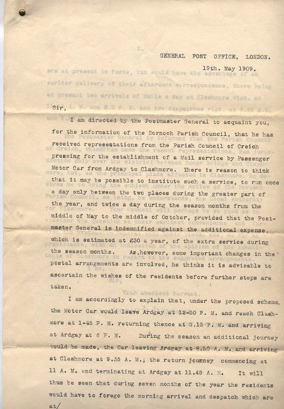 Letter re proposed mail service to Clashmore 1909