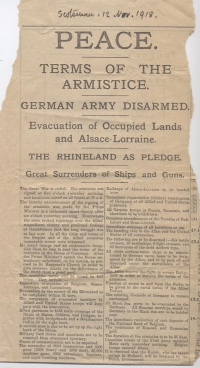Newspaper cuttings end of WW1