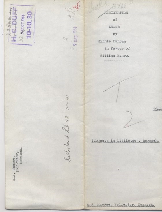 Assignation of lease by Minnie Duncan in favour of William Munro 1944