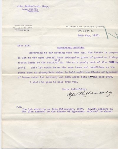 Letter re. let of land at Bishopfield 1927