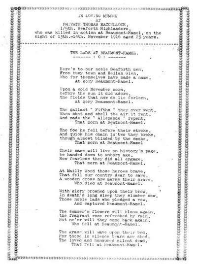 Poem in memory of Private Thomas MacCulloch
