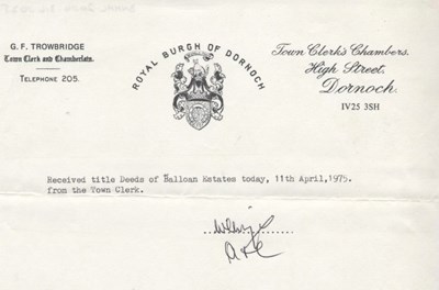 Receipt for Balloan title deeds 1975